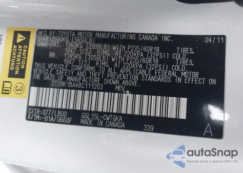 2011 Lexus Rx 350 из США, поврежденный, VIN 2T2BK1BA4BC111203